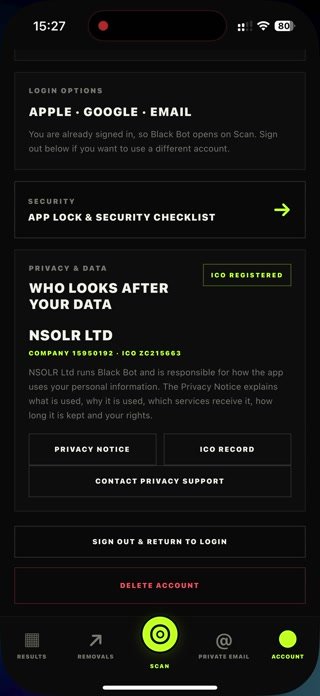 Black Bot account, security and privacy controls