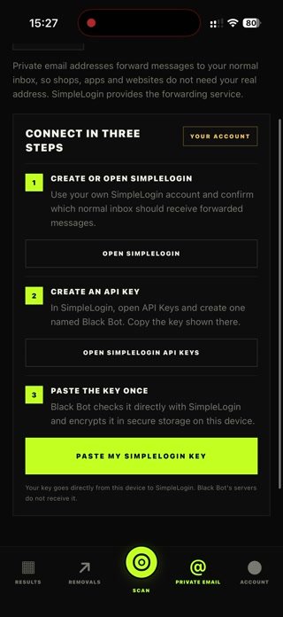 Black Bot private email alias screen
