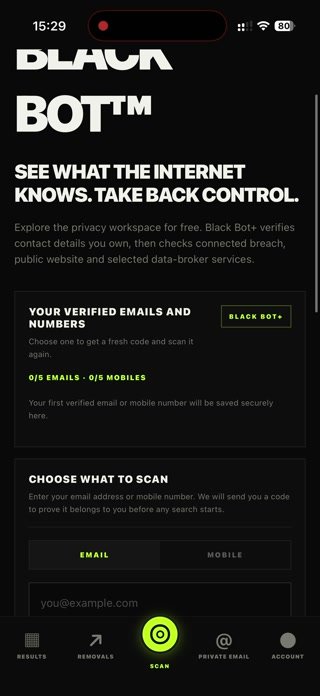 Black Bot main scan screen with the BLACK BOT logo