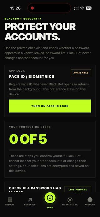 Black Bot security guidance screen